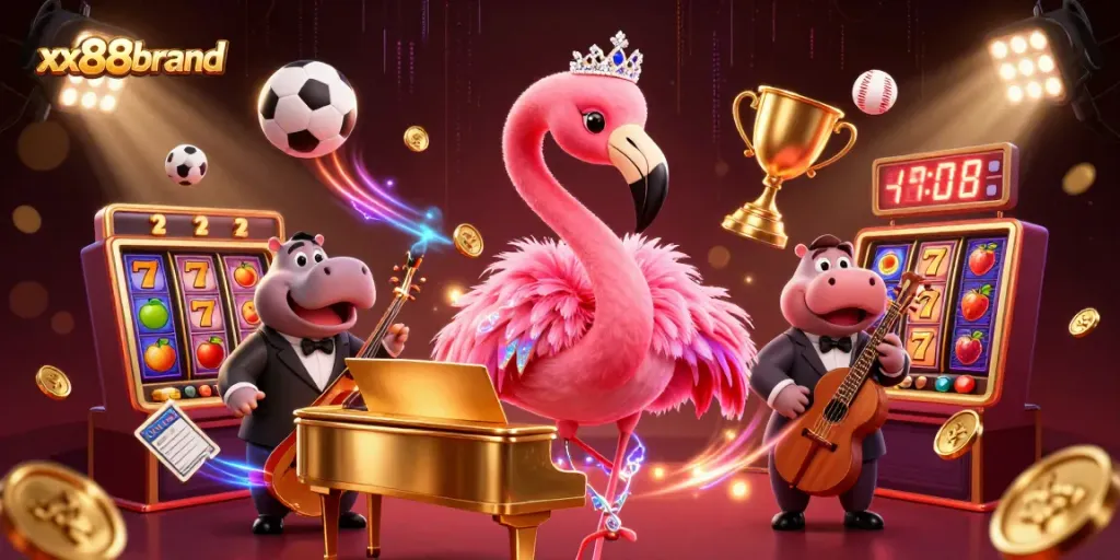 Experience the thrill of xx88brand with a vibrant casino scene featuring a flamingo singer and dynamic game elements.
