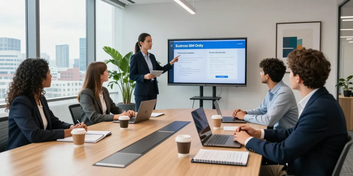 Engaged team discussing business SIM only deals UK in a modern office conference room.