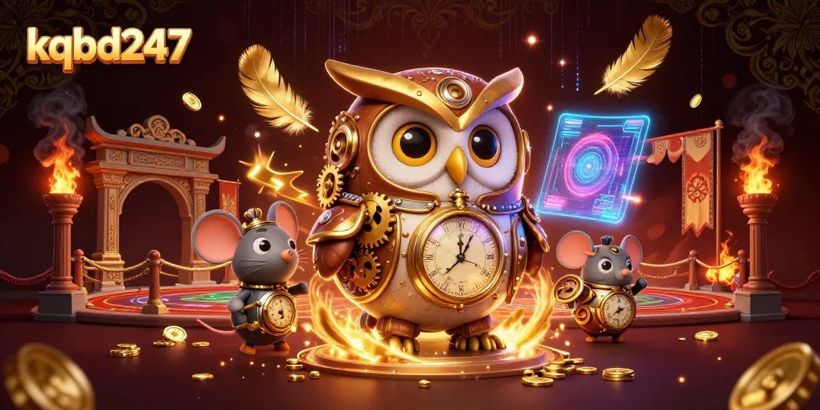 kqbd247 showcases a vibrant, engaging casino scene with a steampunk owl and mouse amidst golden gambling tokens.