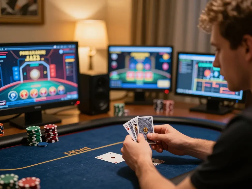 Catching intense gameplay action at kjc kjc online poker game with multiple screens and warm lighting.
