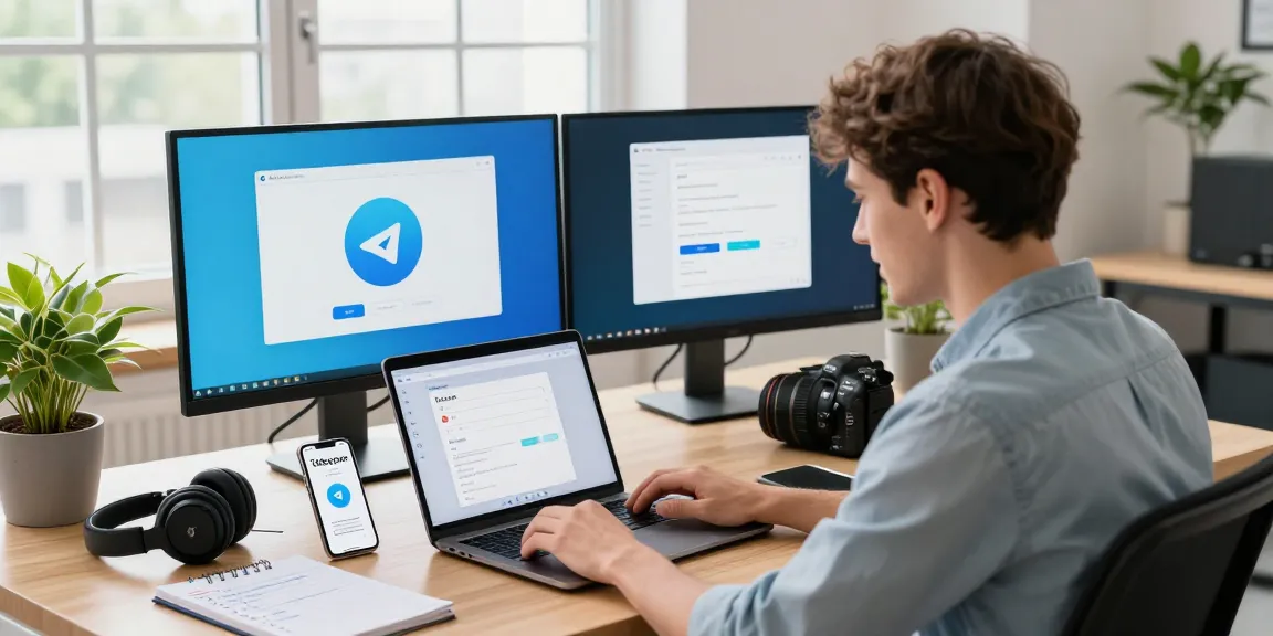 Engaged user downloading Telegram on laptop, showcasing modern tech workspace, streamlined communication.