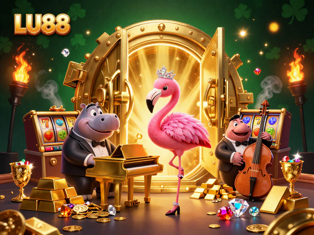 LU88 casino scene featuring a flamingo singer and hippo bassist amidst gold treasures and slot reels.