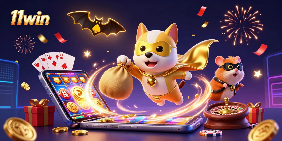 Experience thrilling wins with 11win's vibrant casino action featuring a superhero dog and hamster duo.