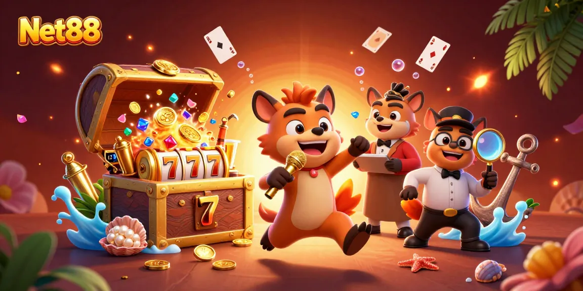 Experience thrilling wins with Net88 at this vibrant comedy casino illustration.