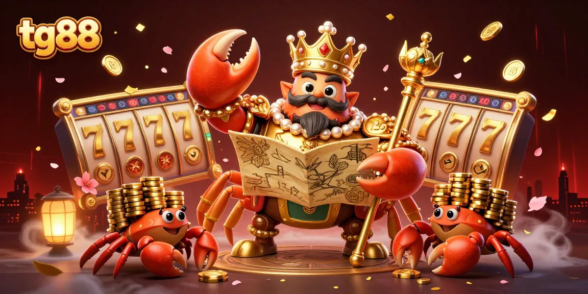 Engage with tg88's exciting casino scene featuring a golden crab emperor amidst vibrant slot game elements.