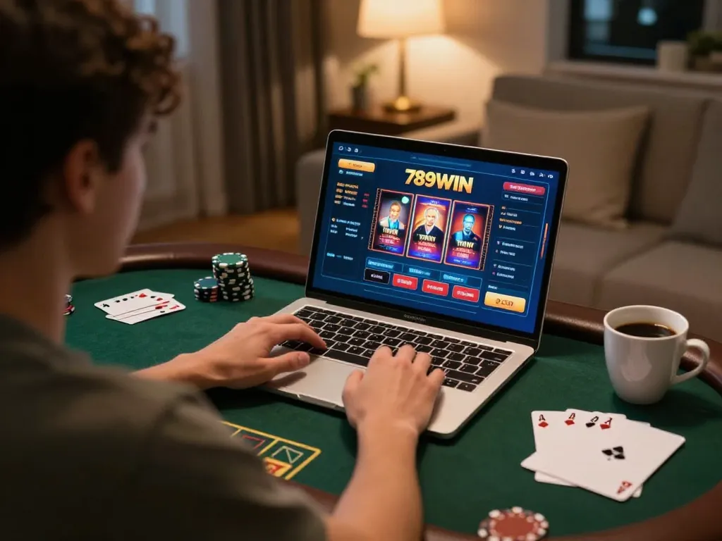 Engaging in online gaming session on 789WIN, showcasing poker interface with a cozy home setup.
