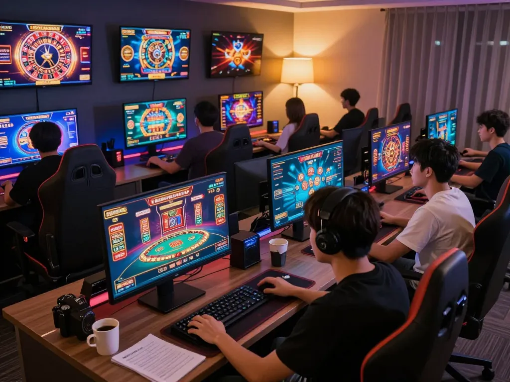 Players engaging in strategic gameplay with 98winlive online casino app on various screens