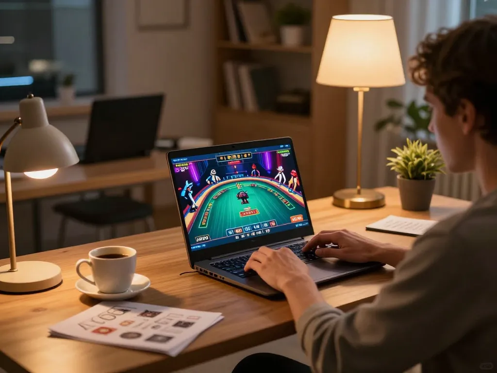 x88 online gaming session at home with laptop displaying vibrant dealer game