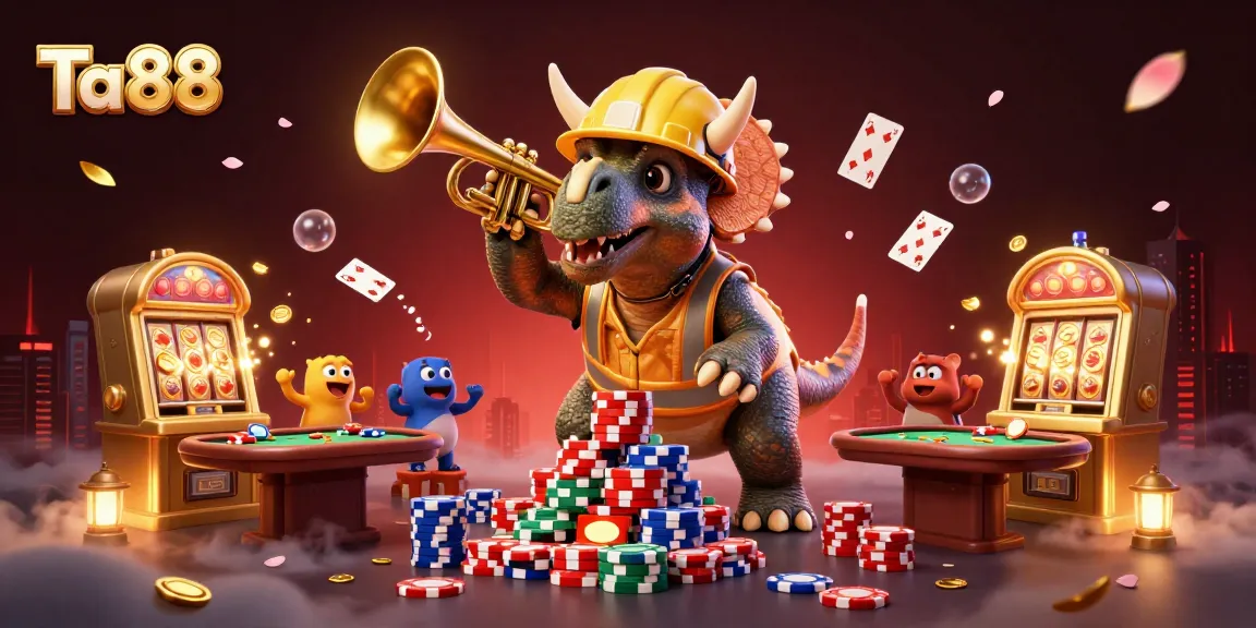 Join the excitement at Ta88 with playful characters building poker chip pyramids in a lively casino scene.