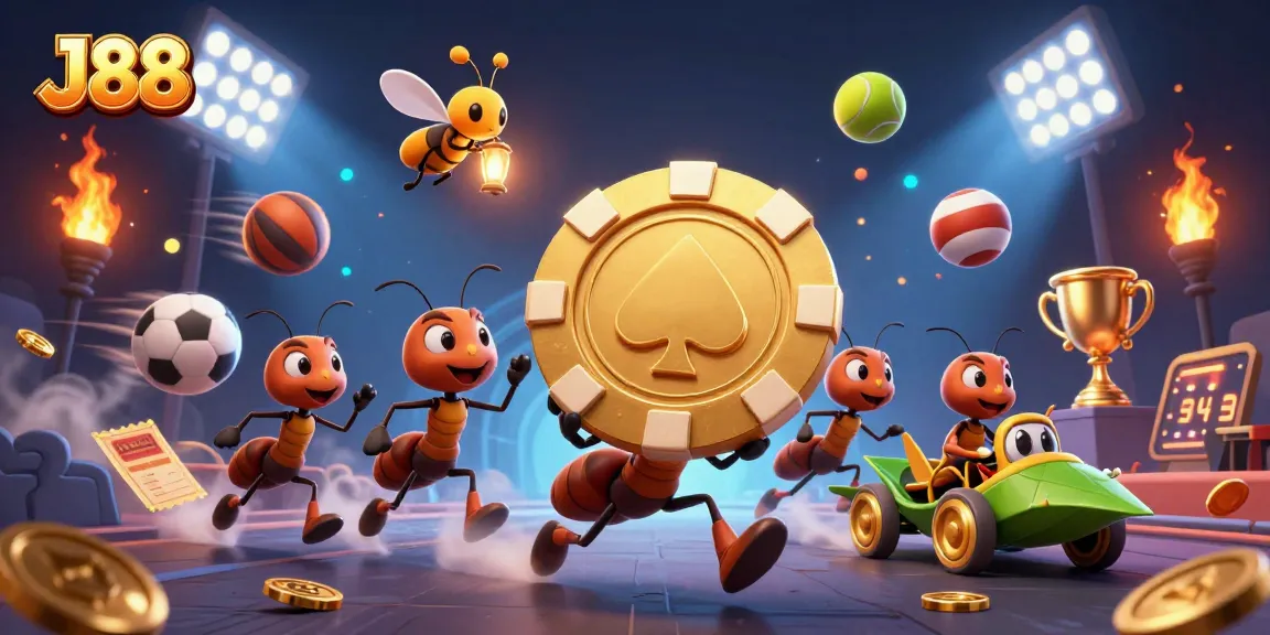 Experience the thrilling J88 casino heist with animated ants, golden poker chips, and energetic sports elements.