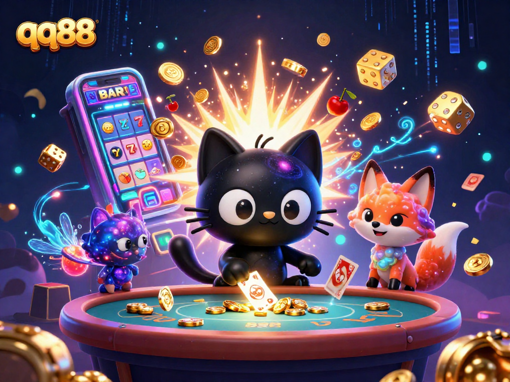 Engage in thrilling gameplay at qq88 with an exciting cosmic casino scene featuring a black hole cat, slot machine, and colorful visuals.