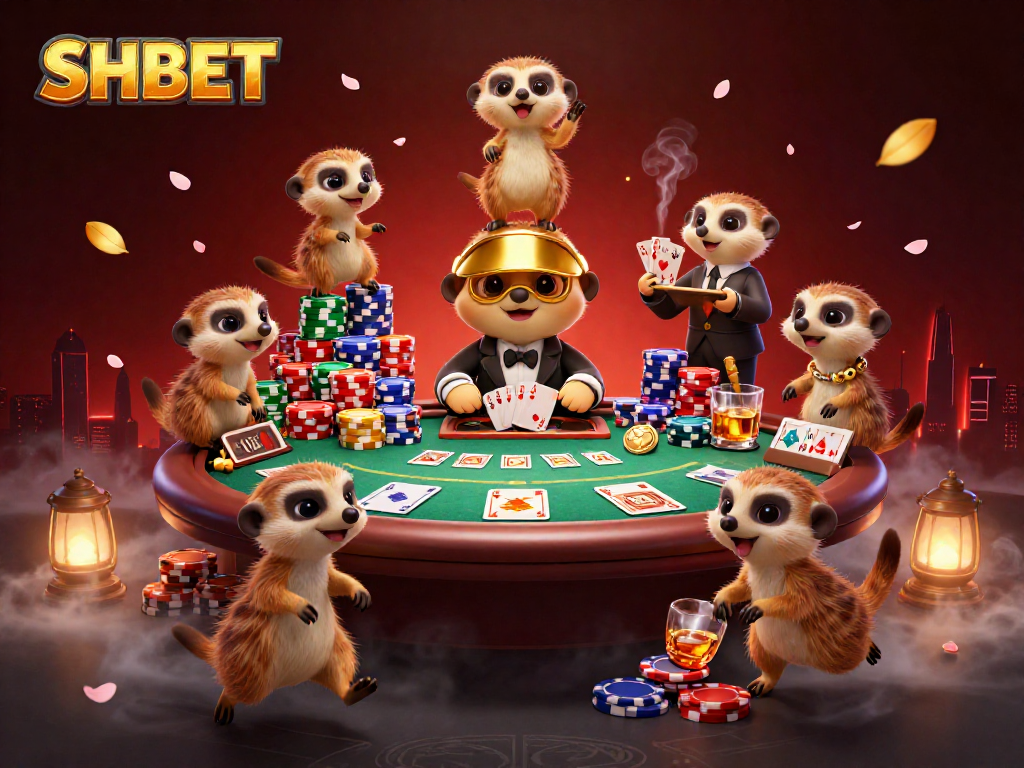 Experience SHBET's casino thrills with meerkats illustrating poker excitement and vibrant game elements.