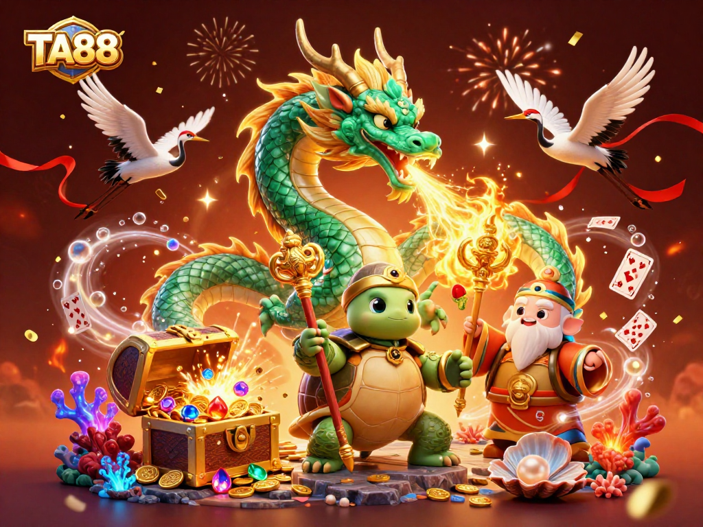 Experience winning at TA88 with vibrant dragons, treasures, and festive decorations in a captivating casino scene.