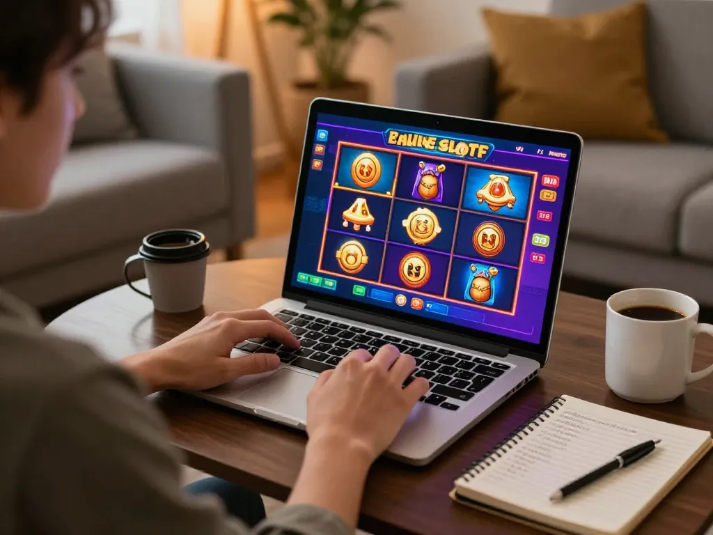 Player enjoying raja slot gameplay on a laptop with colorful graphics and a cozy home environment