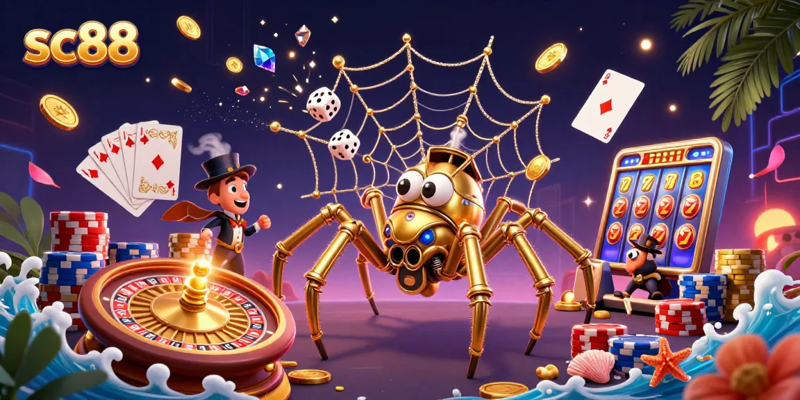 Engage with the sc88 casino experience through a lively 3D illustration featuring a steampunk spider and dice.