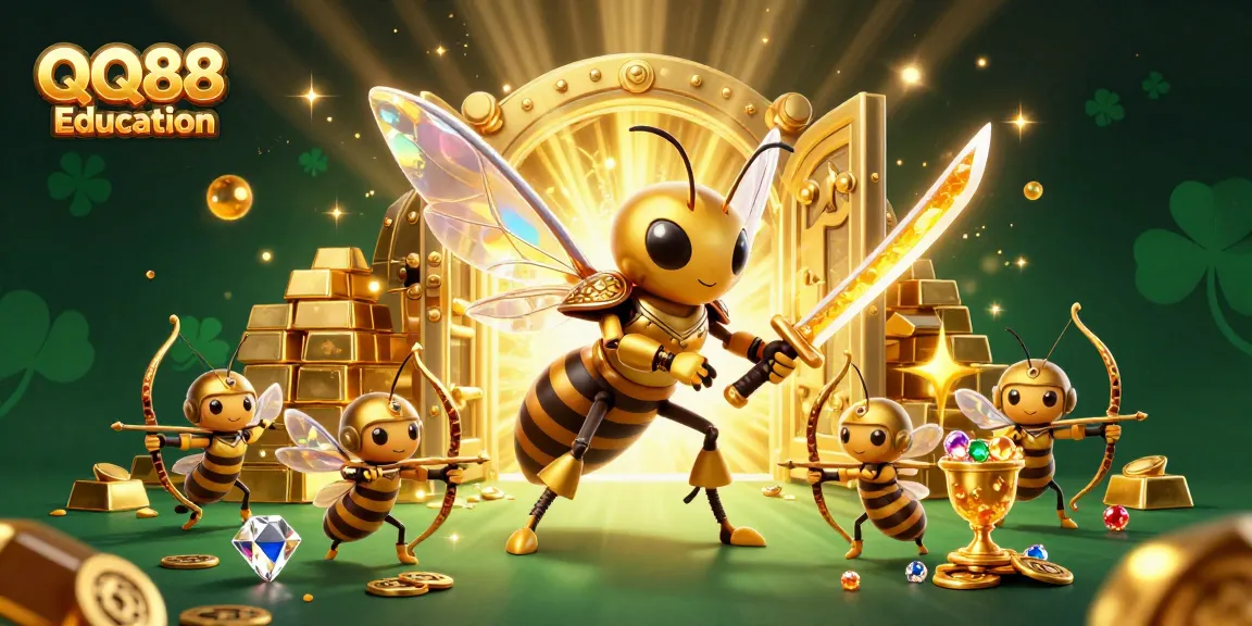 Engage with QQ88 Education's vibrant gambling scene with a golden hornet samurai and treasure elements.