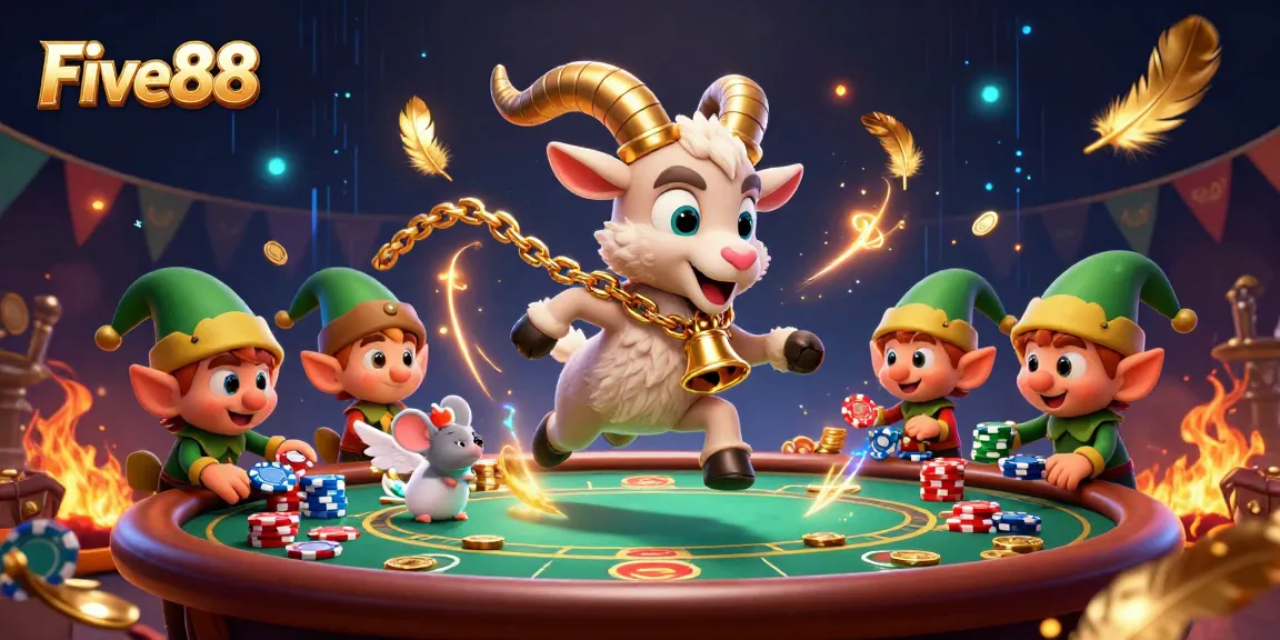 Five88 casino showcases a lively 3D scene with Krampus and characters amidst vibrant casino elements.