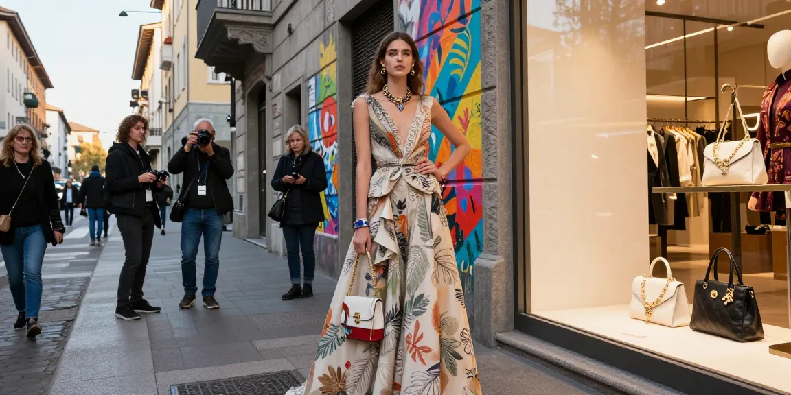 Scena dinamica di un fotografo moda Milano che cattura un modello in abiti di alta moda con un contesto urbano di Milano.