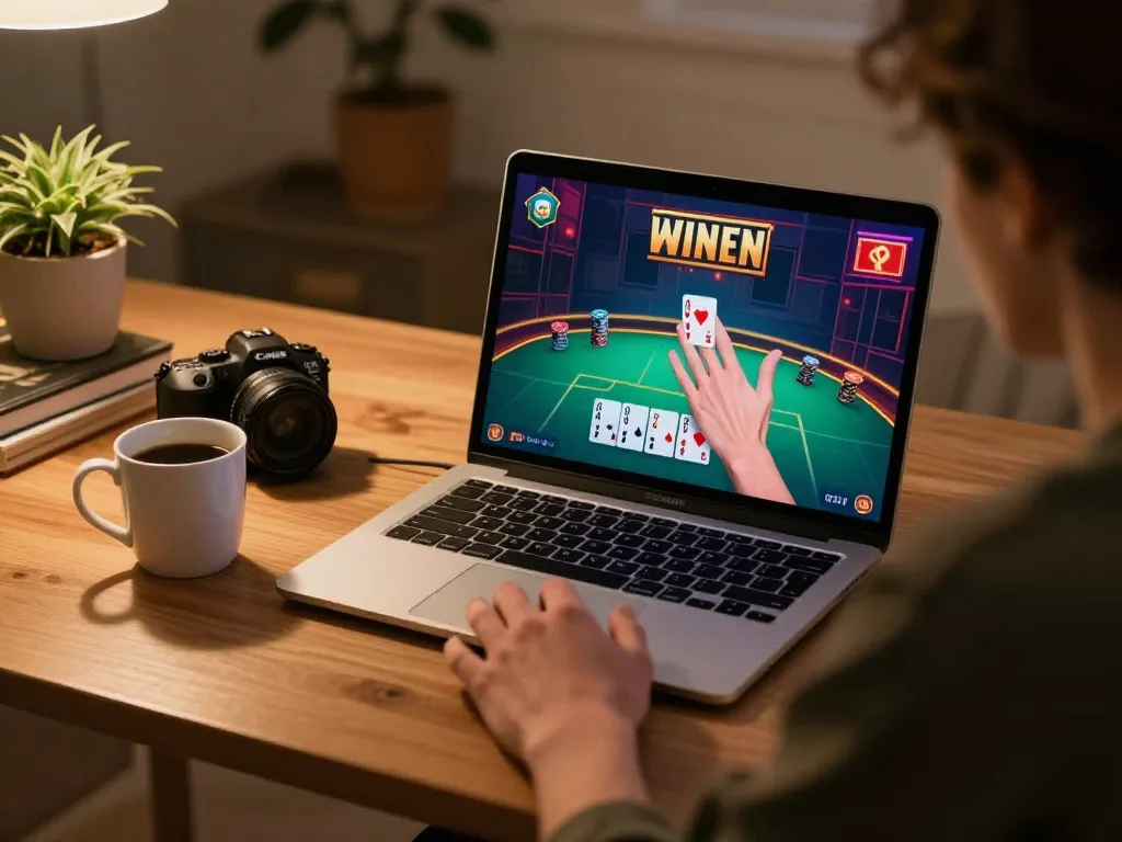 Player engaging in online blackjack at home on a laptop, showcasing the allure of nhà cái jun88.