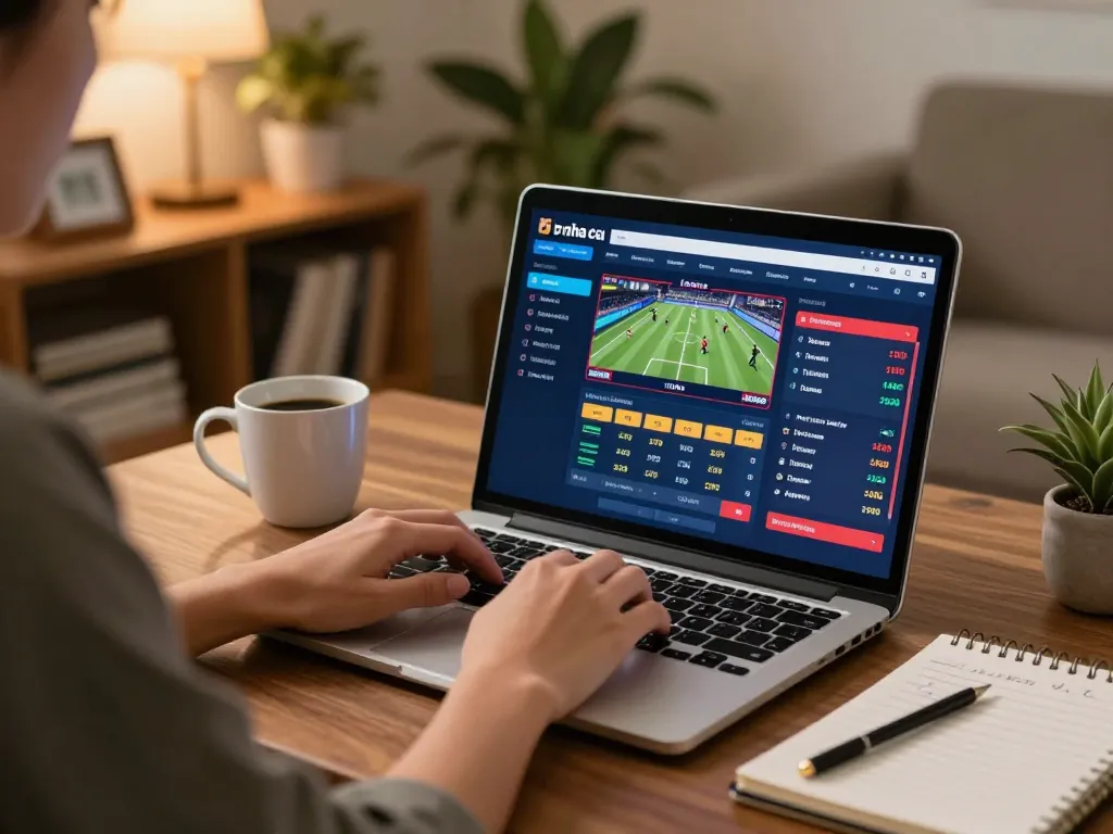 Engaging with keo nha cai sports betting setup at home, showcasing live match interface and strategic notes.