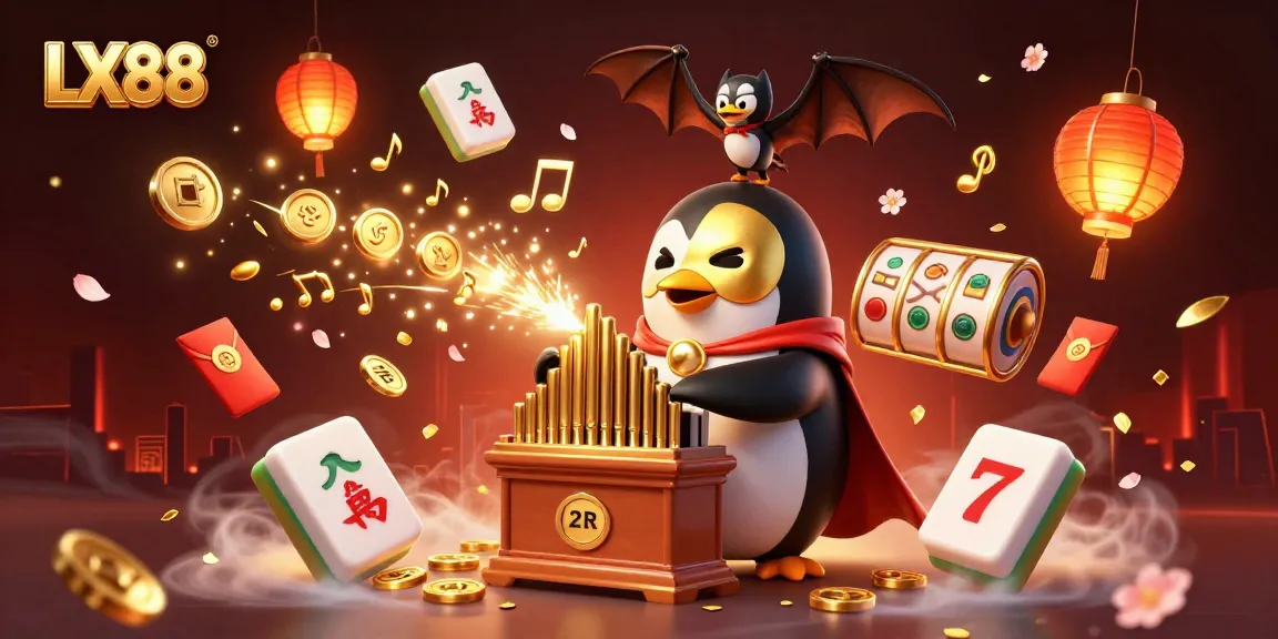 LX88 casino experience showcases a dynamic scene with a musical penguin and golden elements.