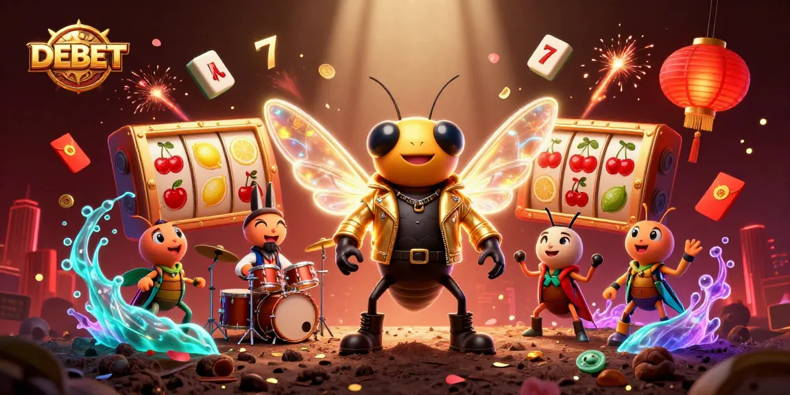 Experience big wins with DEBET’s vibrant 3D cartoon casino scene featuring slot reels and electrifying characters.