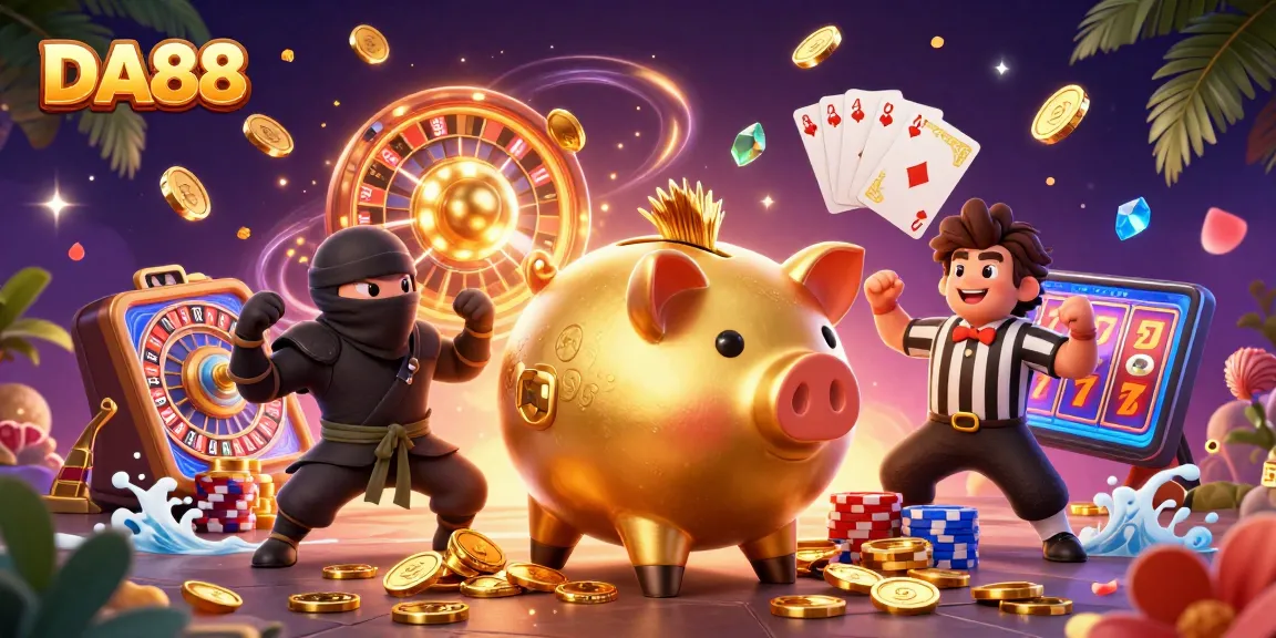 Engage with DA88's thrilling casino action featuring a sumo piggy bank and vibrant game elements.