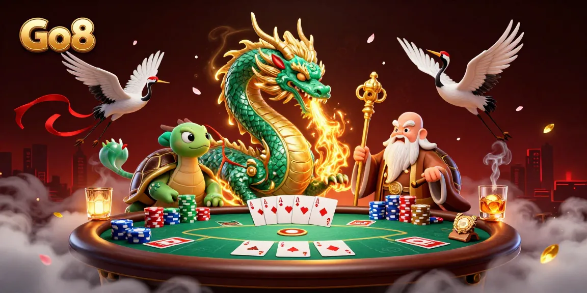 Engage with Go8 through an enchanting scene showcasing a dragon, turtle, and cranes around vibrant poker elements.