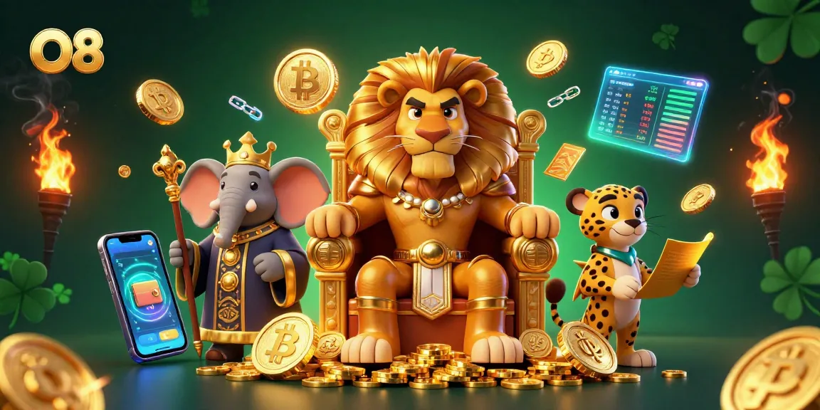 Engage with O8's thrilling 3D crypto casino scene featuring a regal lion king, wealth, and digital currency.