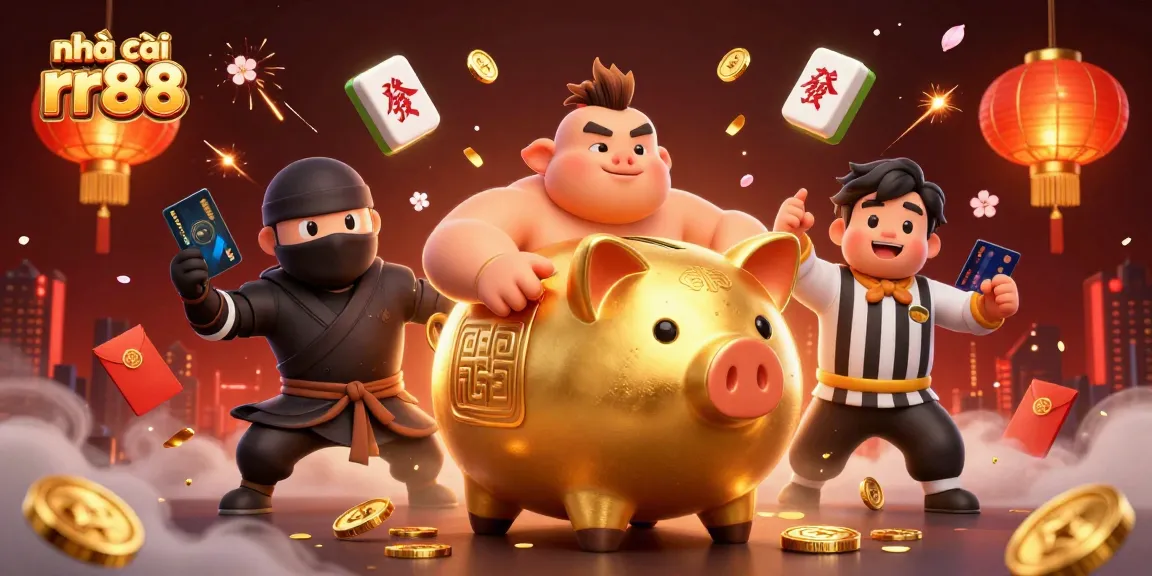 Experience exciting wins at nhà cái rr88 with a vibrant 3D casino scene featuring a golden piggy bank and colorful elements.