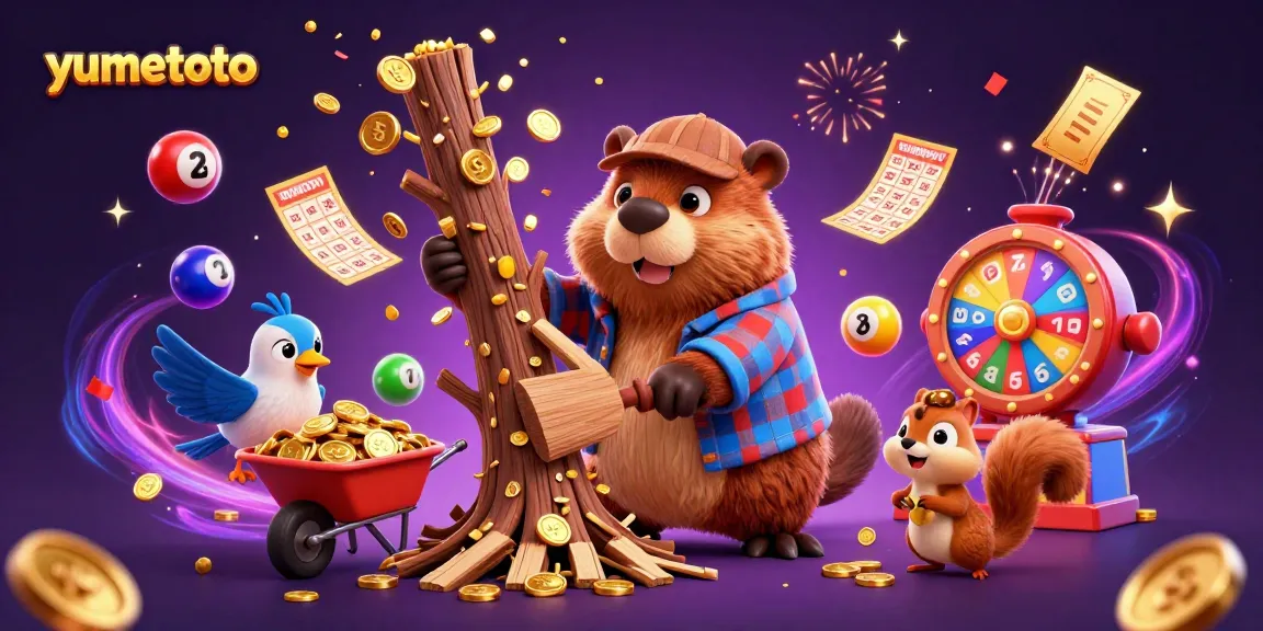YUMETOTO brings excitement by showcasing a vibrant scene with cartoon characters collecting prizes in a lottery-themed illustration.