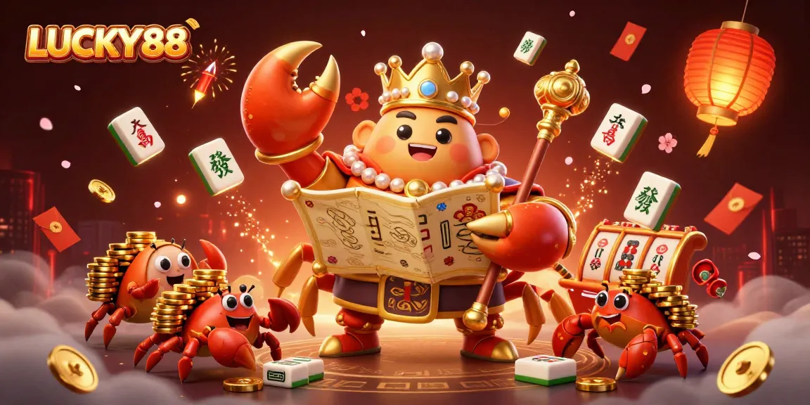 Experience the thrill of LUCKY88 with a golden crab emperor and treasures in dynamic casino scene.