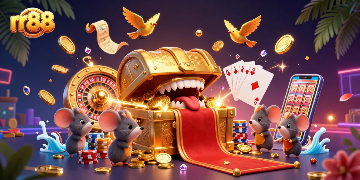 Engaging rr88 casino scene with golden treasure chest and dynamic game elements, perfect for excitement.