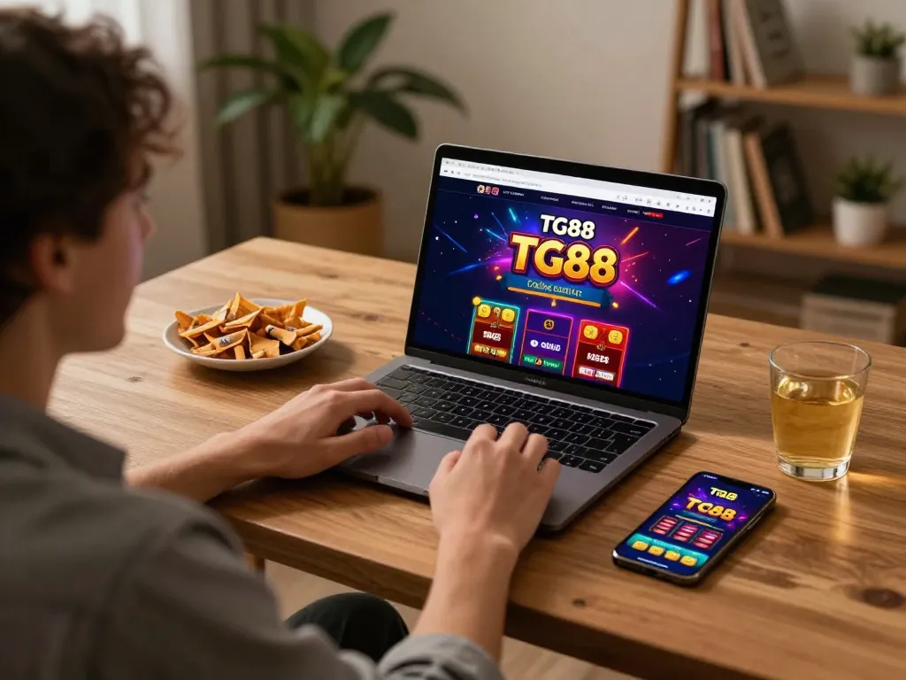 Engaging online gaming session on TG88 with player immersed in gameplay at home