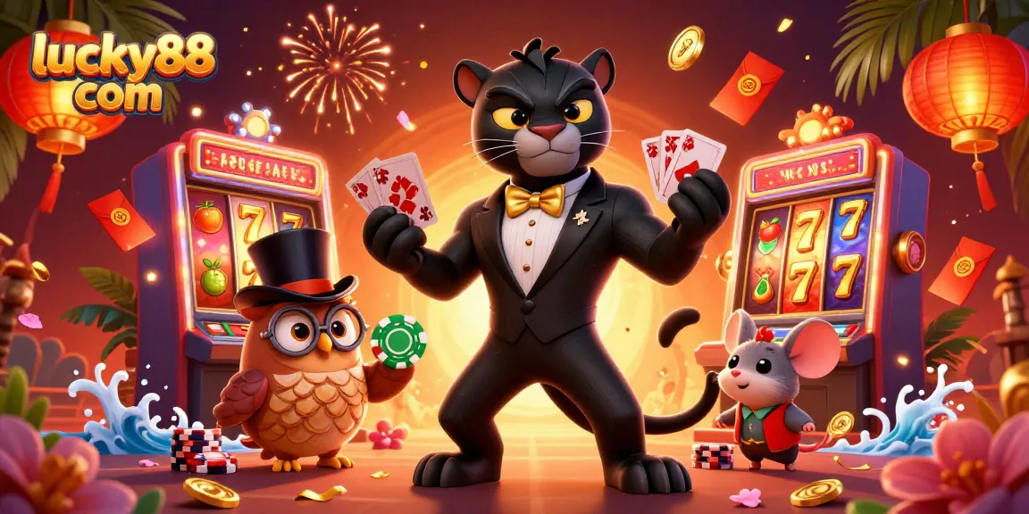 Experience the thrill at lucky88 com, featuring fun casino characters amidst vibrant slot machines and festive decorations.