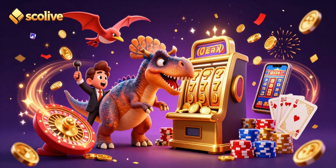 Socolive displays a vibrant casino scene with a playful dinosaur winning jackpot coins.
