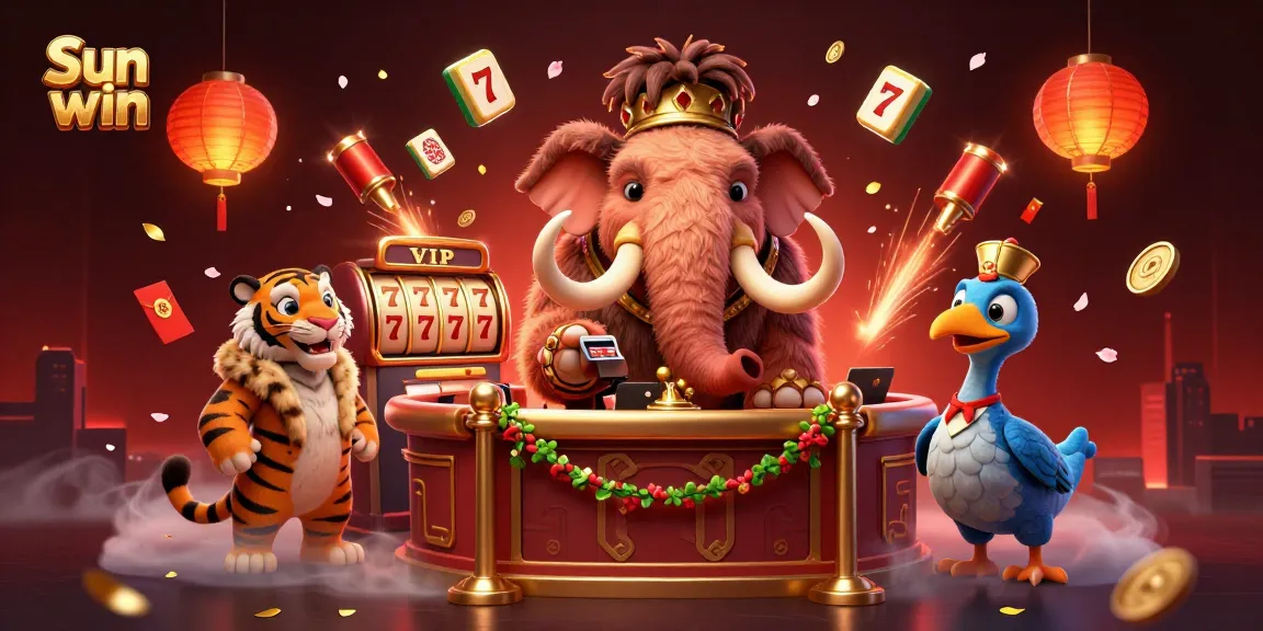 Engage in thrilling gameplay at Sun win with woolly mammoth and saber-tooth tiger in a vibrant casino scene.
