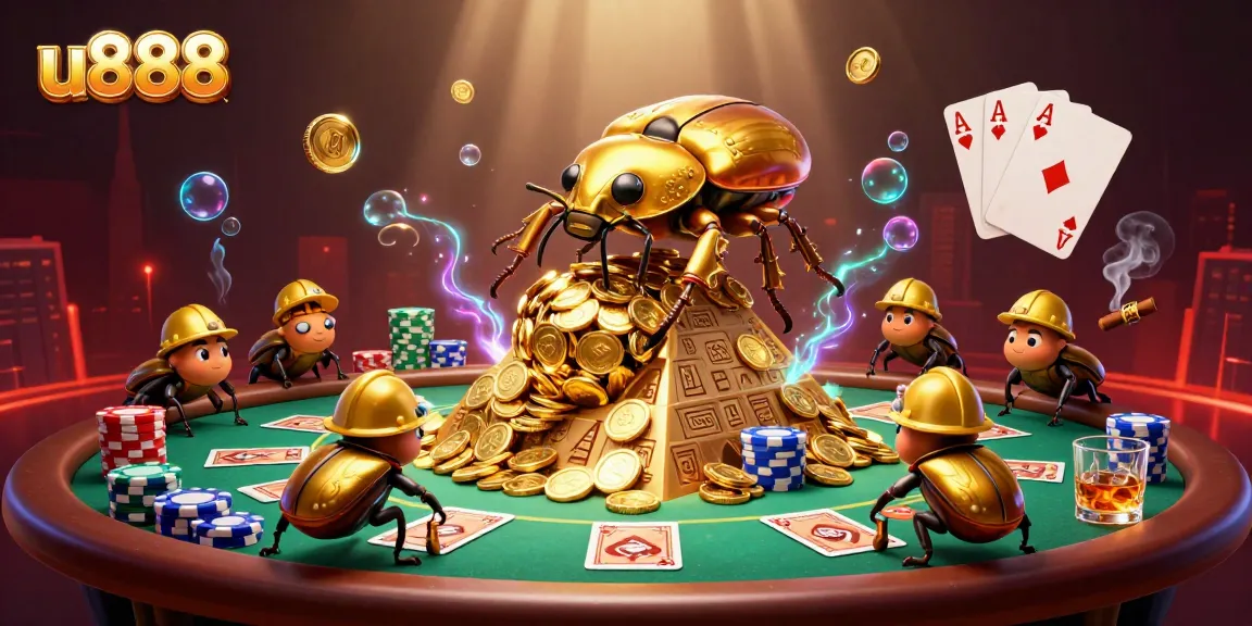 u888 showcases a dynamic casino scene featuring golden beetles and poker elements, emphasizing winning gameplay.
