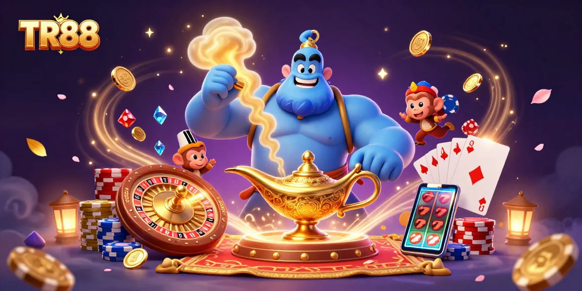 Experience the thrilling world of TR88 with a vibrant 3D casino illustration featuring a genie and poker elements.