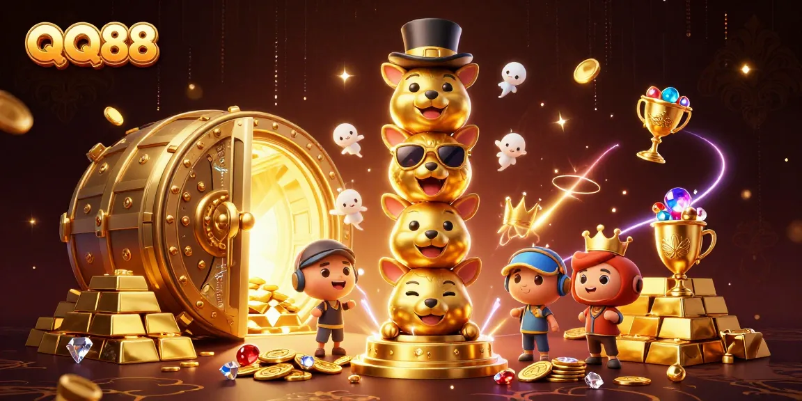 Experience the excitement of QQ88 with a vibrant casino scene featuring a golden totem pole and treasures.
