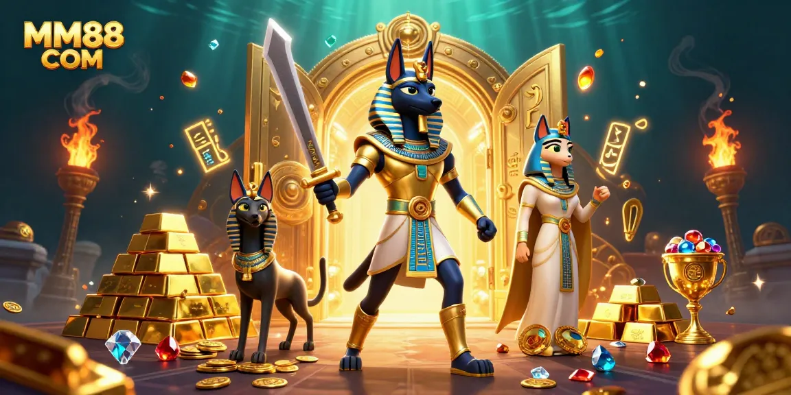 Win big with MM88 COM in a vibrant 3D casino illustration filled with gold and treasures.