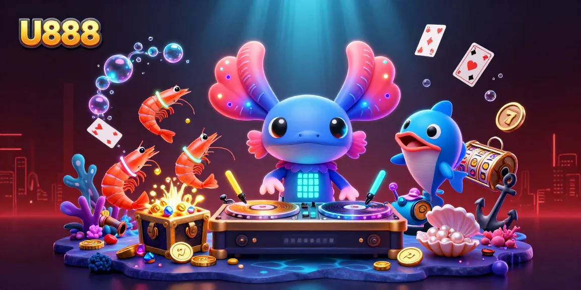 Experience U888 with vibrant underwater gaming as the axolotl DJ spins for shrimp and friends.