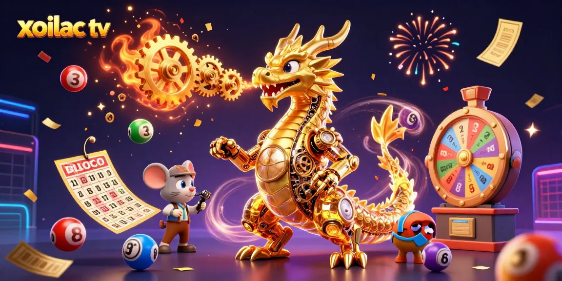 Xoilac TV showcases dynamic lottery action with a golden dragon and vibrant balls in a captivating scene.