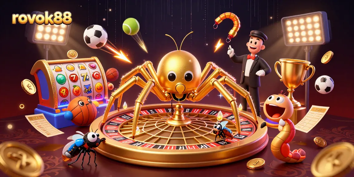 Experience the excitement of rokok88 with a golden spider spinning a roulette web amidst dynamic casino elements.