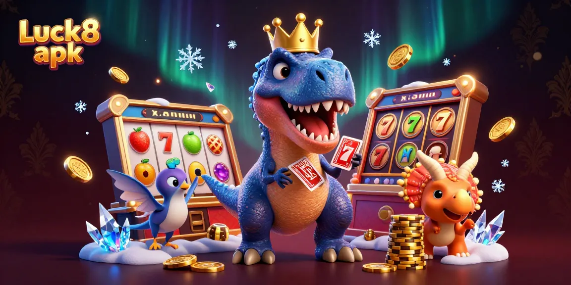 Experience winning excitement with the Luck8 apk while a friendly T-Rex and friends celebrate in a vibrant casino.
