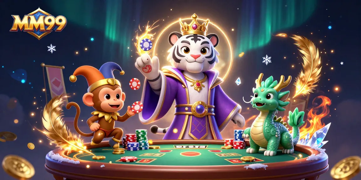 Engage with MM99's casino fun featuring a 3D white tiger and jester monkey at a poker table.