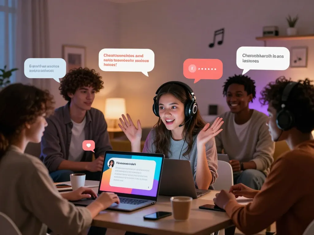 Dynamic scene of individuals engaging in sex AI chat conversations, with an inviting atmosphere and technology elements.