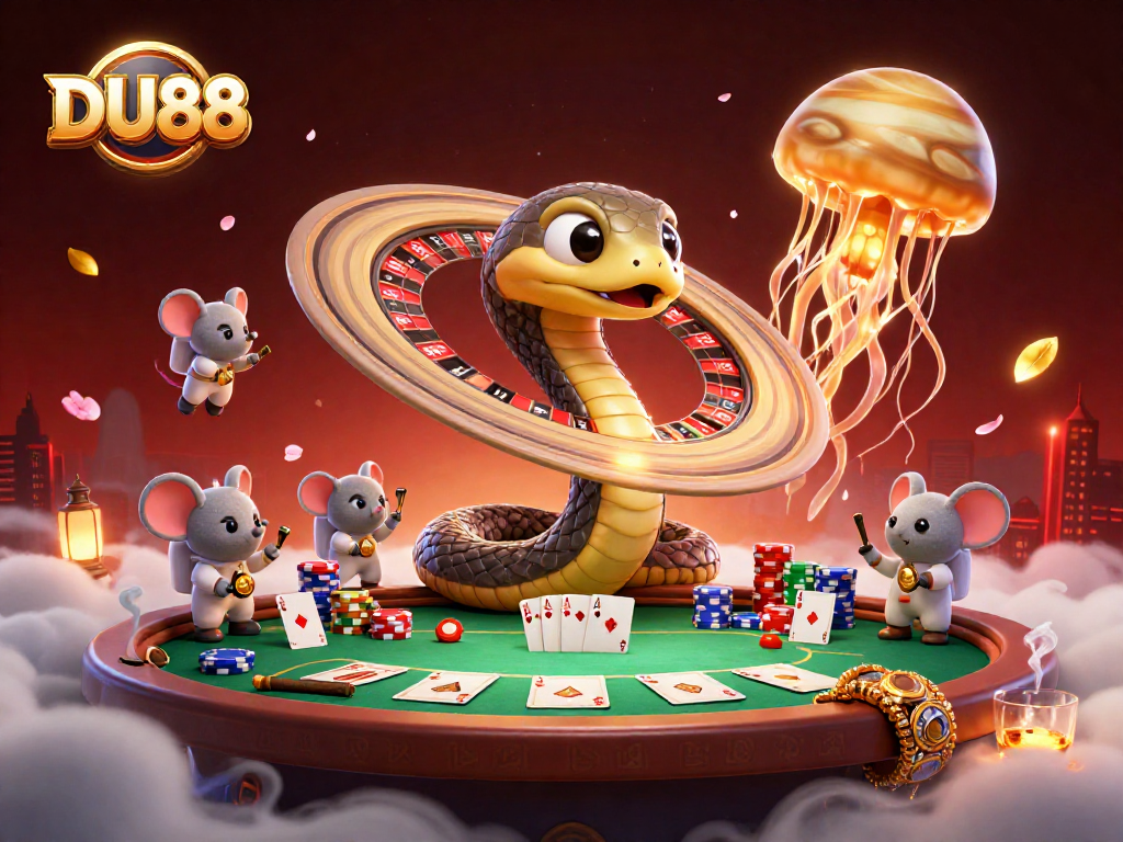 Bettors enjoy the cosmic excitement at DU88’s roulette wheel amidst colorful poker elements.