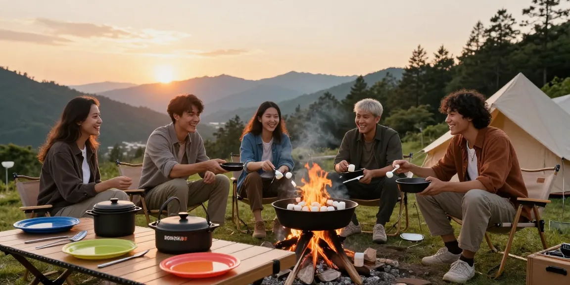 Group enjoying outdoor cooking with ROKOK88 cast iron gear at sunset.