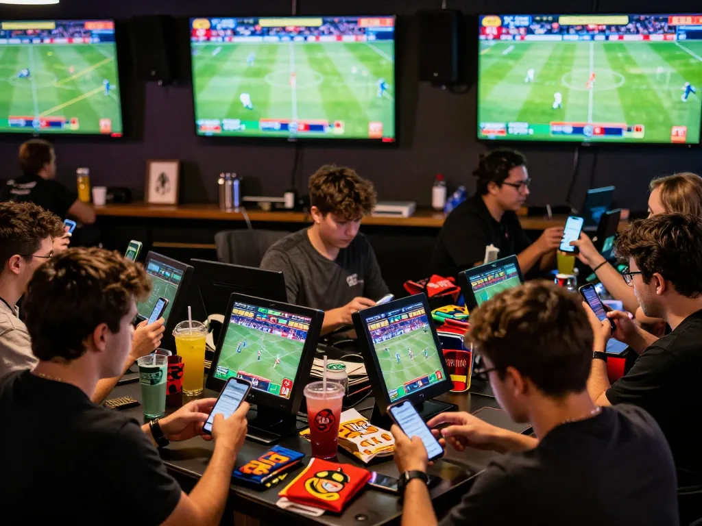 RR99 enthusiasts placing real-time bets on sports games during an exciting event.